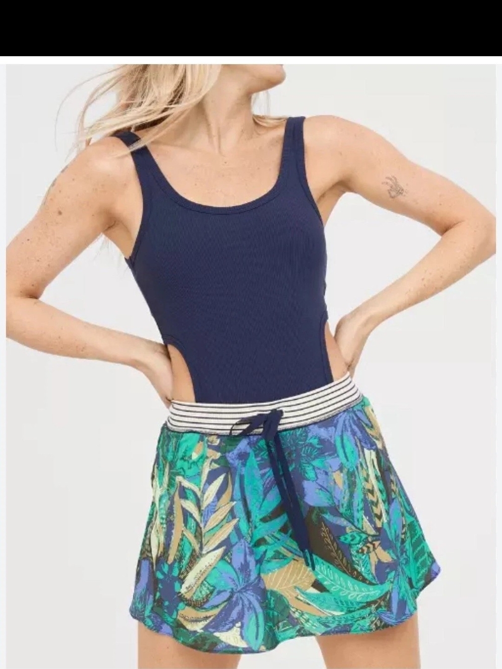 NWT Offline By Aerie SZ M Navy Blue Short Bodysuit With Tropical Print Skirt